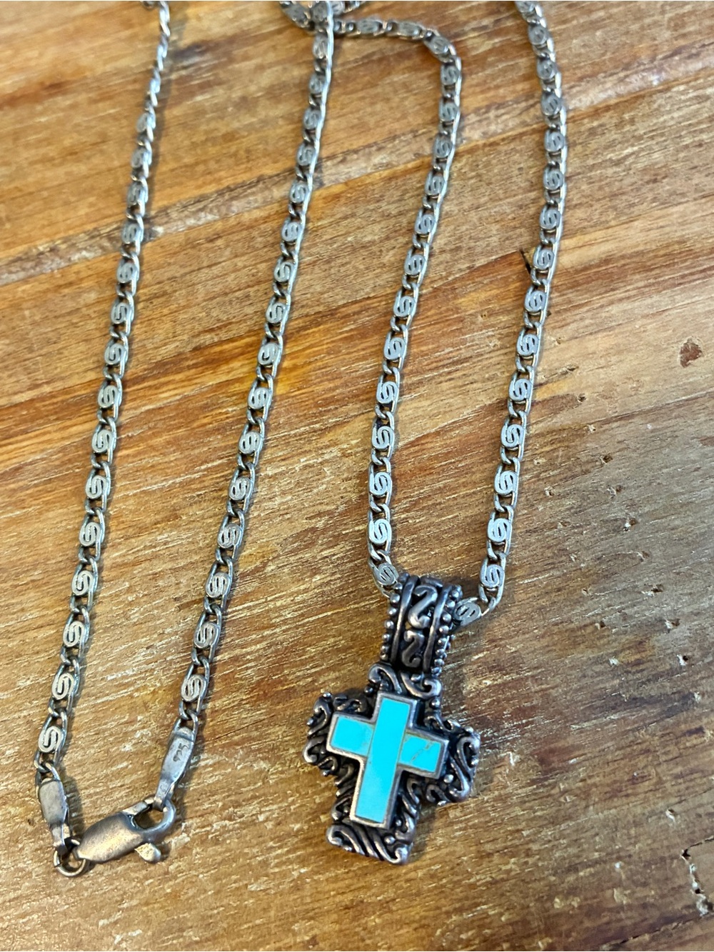 Sterling Silver Cross Pendant with Turquoise Inlay Vintage Necklace